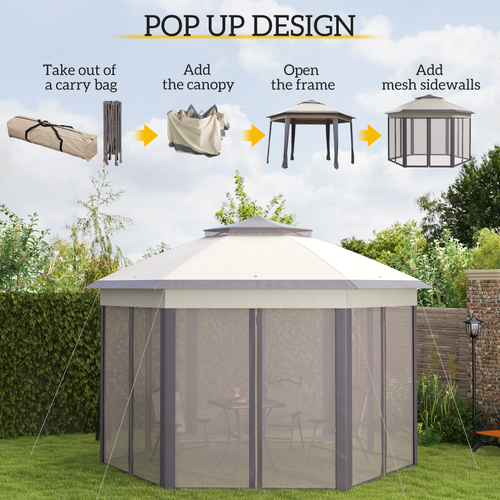 4.05m x 4.05m Metal Frame Mesh Draped 2-Tier Roof Gazebo Brown - Cheap Tent