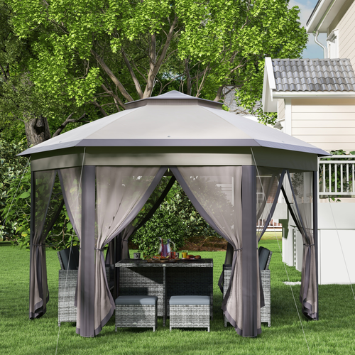 4.05m x 4.05m Metal Frame Mesh Draped 2-Tier Roof Gazebo Brown - Cheap Tent