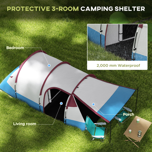 Outsunny 2-3 Man Camping Tunnel Tent with Bedroom and Living Room, Red - Cheap Tent