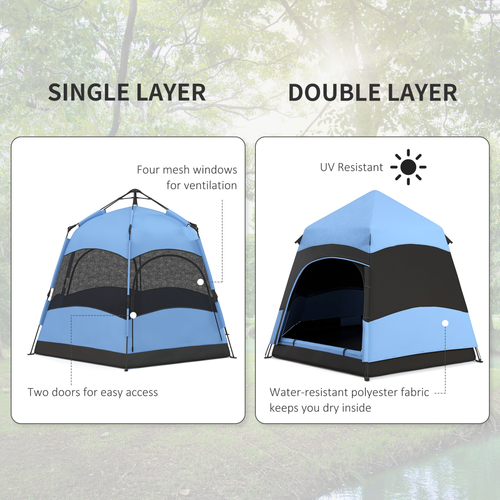 Outsunny 4 Person Pop Up Tent Camping Festival Hiking Shelter Family Blue&Black - Cheap Tent