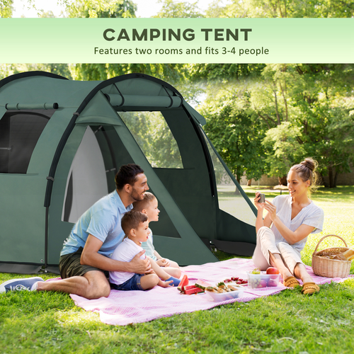 Outsunny 3-4 Persons Tunnel Tent, Two Room Camping Tent w/ Windows, Green - Cheap Tent