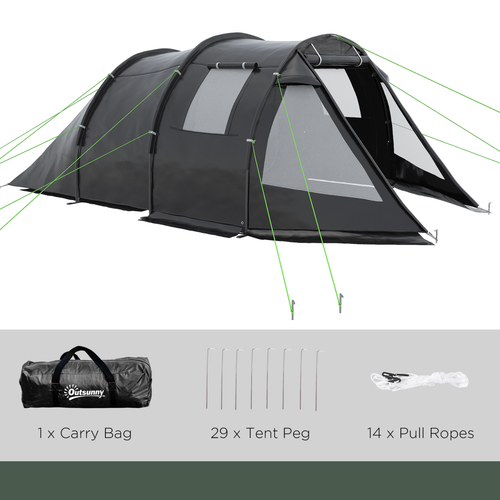 Outsunny 3-4 Persons Tunnel Tent, Two Room Camping Tent w/ Windows, Black - Cheap Tent