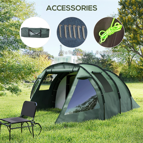 Outsunny 3-4 Persons Tunnel Tent, Two Room Camping Tent w/ Windows, Green - Cheap Tent