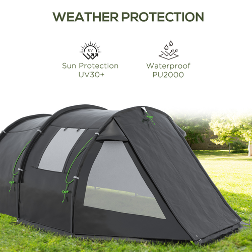 Outsunny 3-4 Persons Tunnel Tent, Two Room Camping Tent w/ Windows, Black - Cheap Tent