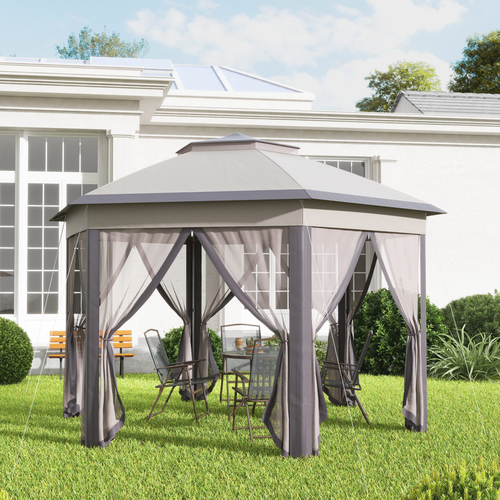 4.05m x 4.05m Metal Frame Mesh Draped 2-Tier Roof Gazebo Brown - Cheap Tent