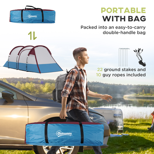 Outsunny 2-3 Man Camping Tunnel Tent with Bedroom and Living Room, Red - Cheap Tent