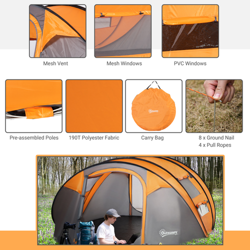 Camping Tent Dome Pop-up Tent with Windows for 4-5 Person Orange Outsunny - Cheap Tent