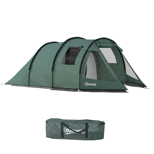 Outsunny 3-4 Persons Tunnel Tent, Two Room Camping Tent w/ Windows, Green - Cheap Tent