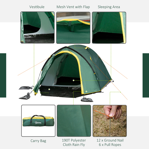 Outsunny Compact Camping Tent w/ Vestibule & Mesh Vents for Hiking Green - Cheap Tent