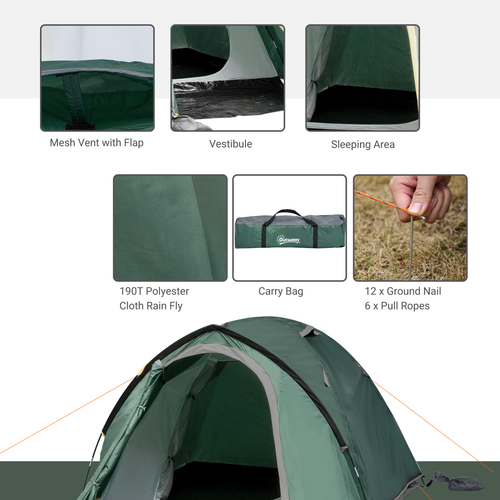 Compact Camping Tent w/ Vestibule & Mesh Vents for Hiking Green Outsunny - Cheap Tent