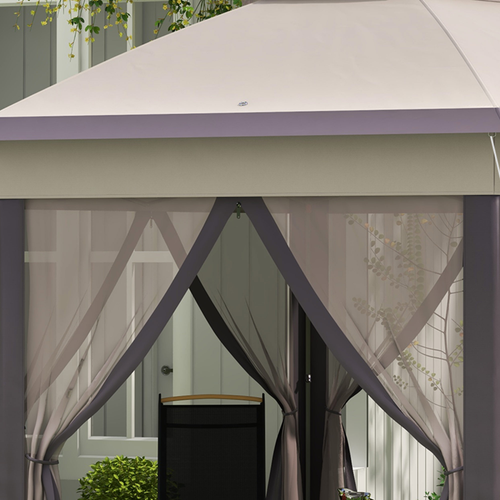 4.05m x 4.05m Metal Frame Mesh Draped 2-Tier Roof Gazebo Brown - Cheap Tent
