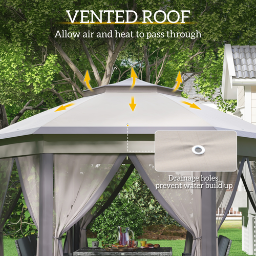 4.05m x 4.05m Metal Frame Mesh Draped 2-Tier Roof Gazebo Brown - Cheap Tent