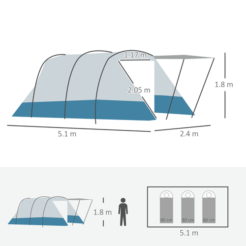 6-8 Person Tunnel Tent, Two-room Camping Tent with Carry Bag, Blue - Cheap Tent