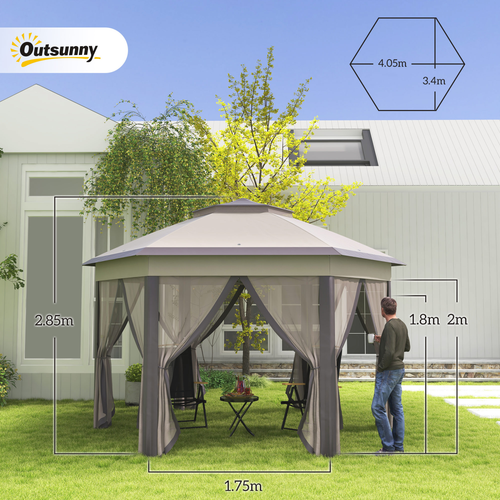 4.05m x 4.05m Metal Frame Mesh Draped 2-Tier Roof Gazebo Brown - Cheap Tent