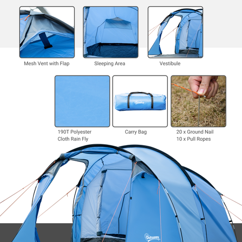 3 Man 2 Room Tent Camping Tent With Living Area Air Vents Blue - Cheap Tent