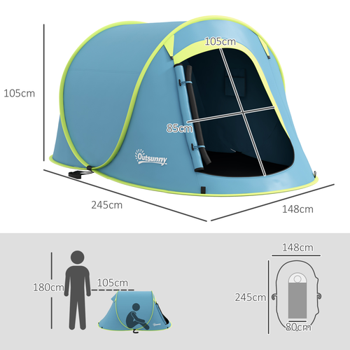 Outsunny Pop up Camping Tent for 2 Man, 2000mm Waterproof with Carry Bag, Blue - Cheap Tent