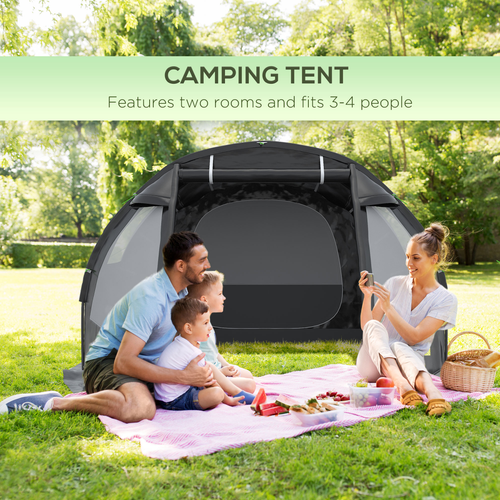 Outsunny 3-4 Persons Tunnel Tent, Two Room Camping Tent w/ Windows, Black - Cheap Tent