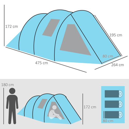 3-4 Persons Tunnel Tent, Two Room Camping Tent w/ Windows, Blue - Cheap Tent