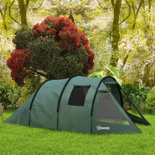 Outsunny 3-4 Persons Tunnel Tent, Two Room Camping Tent w/ Windows, Green - Cheap Tent