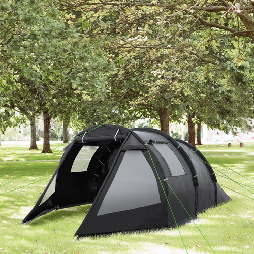 Outsunny 3-4 Persons Tunnel Tent, Two Room Camping Tent w/ Windows, Black - Cheap Tent