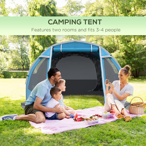 3-4 Persons Tunnel Tent, Two Room Camping Tent w/ Windows, Blue - Cheap Tent