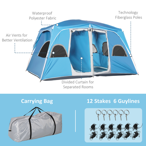 Outsunny Camping Tent, Family Tent 4-8 Person 2 Room Easy Set Up, Blue - Cheap Tent