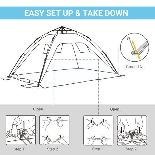 2 Man Pop-up Beach Tent Sun Shade Shelter Hut Windows Door Light Blue Outsunny - Cheap Tent