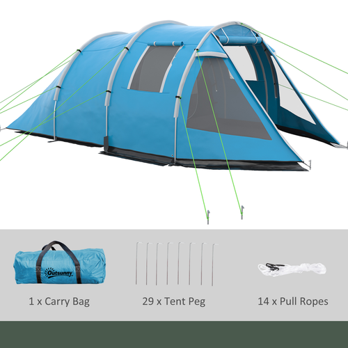 3-4 Persons Tunnel Tent, Two Room Camping Tent w/ Windows, Blue - Cheap Tent