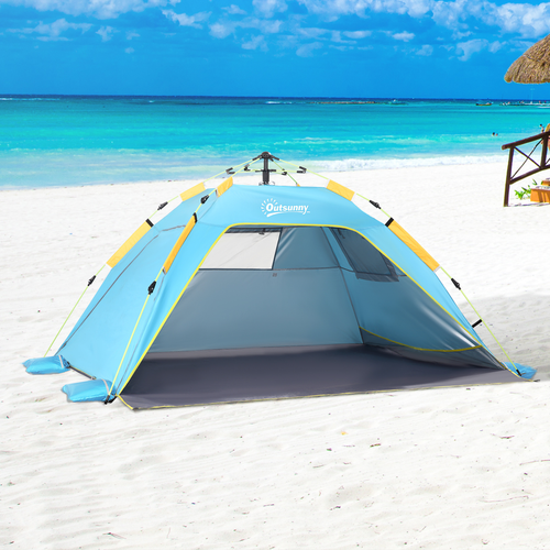 2 Man Pop-up Beach Tent Sun Shade Shelter Hut Windows Door Light Blue Outsunny - Cheap Tent