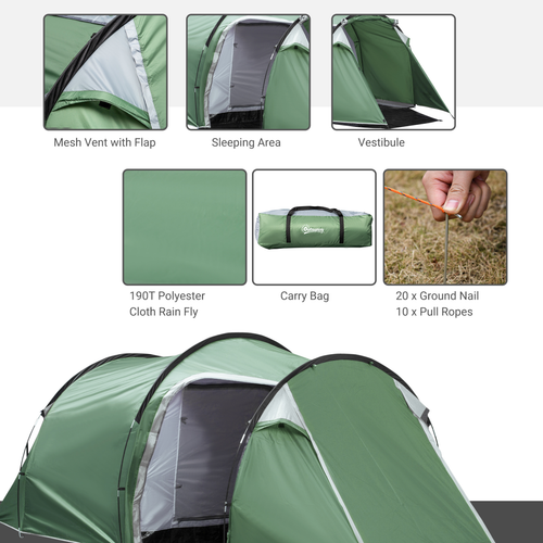 Outsunny 3 Man Camping Tent with Porch and Weather-Resistant Rainfly, Green - Cheap Tent