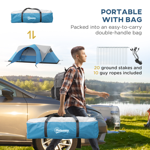 Outsunny 3000mm Waterproof Camping Tent with Porch & Sewn in Groundsheet, Blue - Cheap Tent