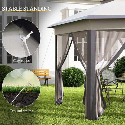 4.05m x 4.05m Metal Frame Mesh Draped 2-Tier Roof Gazebo Brown - Cheap Tent