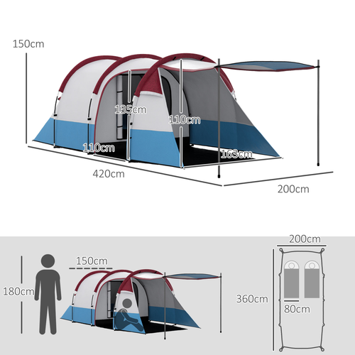 Outsunny 2-3 Man Camping Tunnel Tent with Bedroom and Living Room, Red - Cheap Tent