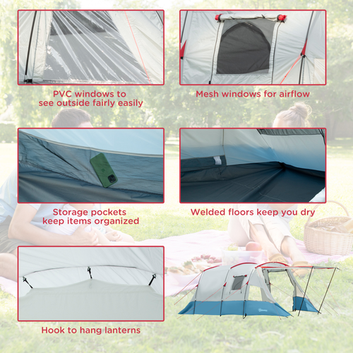 6-8 Person Tunnel Tent, Two-room Camping Tent with Carry Bag, Blue - Cheap Tent