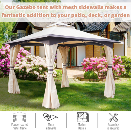 10' x 10' Outdoor Patio 2-Tier Roof Gazebo Canopy Steel Frame w/ Mesh Sidewalls - Cheap Tent