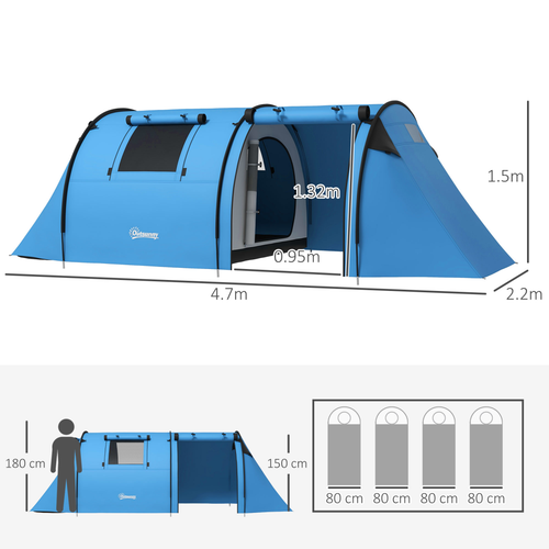 Outsunny 2 Room Camping Family Tent for 3-4 Man, 3000mm Waterproof, Sky Blue - Cheap Tent