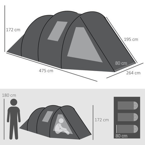 Outsunny 3-4 Persons Tunnel Tent, Two Room Camping Tent w/ Windows, Black - Cheap Tent