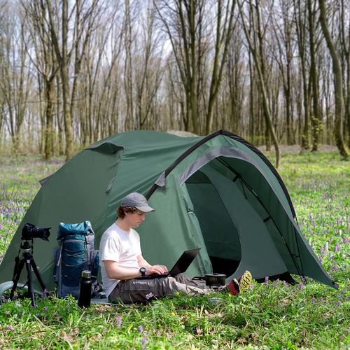 Compact Camping Tent w/ Vestibule & Mesh Vents for Hiking Green Outsunny - Cheap Tent