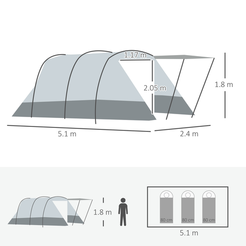 6-8 Person Tunnel Tent, Two-room Camping Tent with Carry Bag, Grey - Cheap Tent