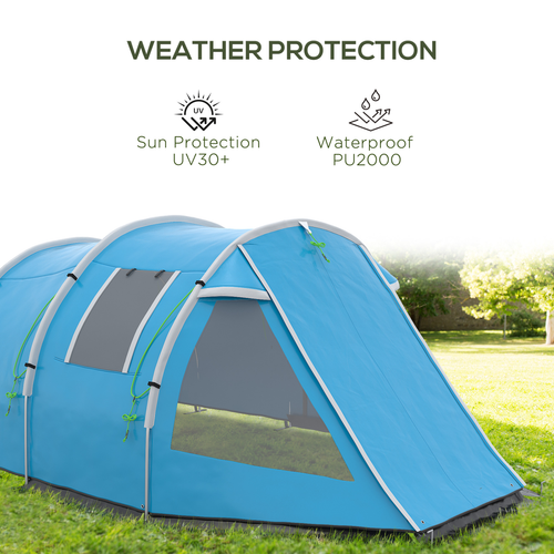 3-4 Persons Tunnel Tent, Two Room Camping Tent w/ Windows, Blue - Cheap Tent