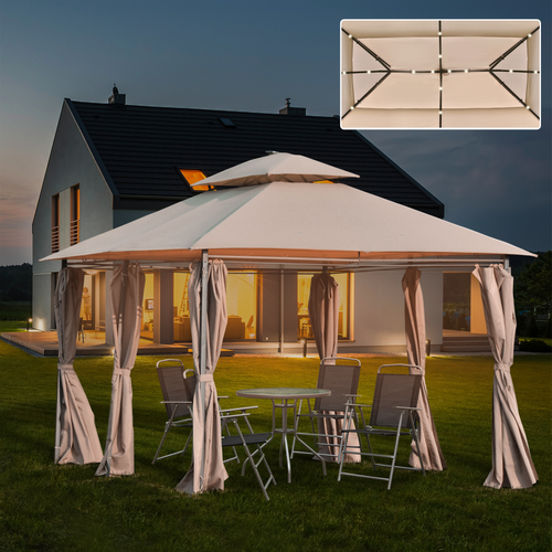 4 x 3m Outdoor Tent Garden Pavilion LED Solar Light Steel Frame, Khaki - Cheap Tent