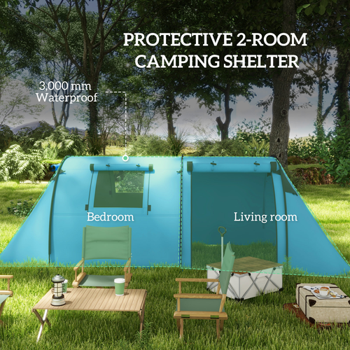 Outsunny 2 Room Camping Family Tent for 3-4 Man, 3000mm Waterproof, Sky Blue - Cheap Tent