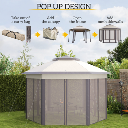 4.05m x 4.05m Metal Frame Mesh Draped 2-Tier Roof Gazebo Brown - Cheap Tent