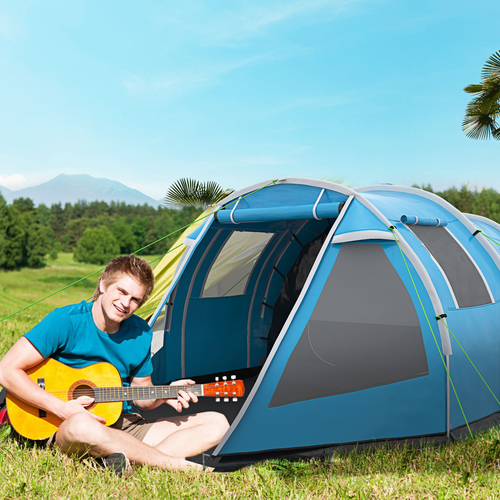 3-4 Persons Tunnel Tent, Two Room Camping Tent w/ Windows, Blue - Cheap Tent