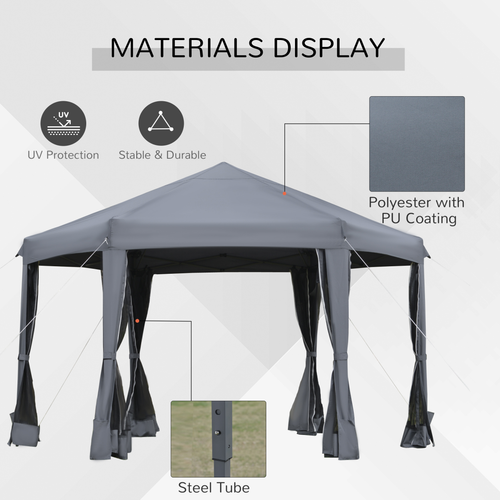 3.2m Pop Up Gazebo Hexagonal Tent Sun Protection with Mesh Sidewalls, Handy Bag - Cheap Tent