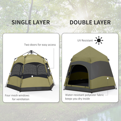 Outsunny 4 Person Camping Tent Festival Hiking Shelter, Dark Green - Cheap Tent