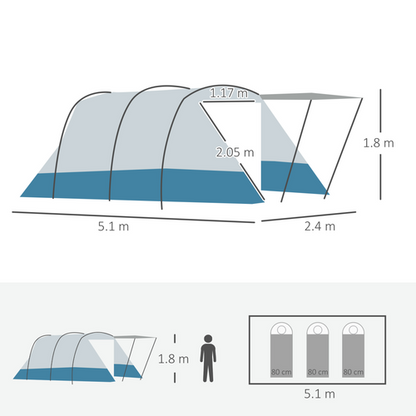 6-8 Person Tunnel Tent, Two-room Camping Tent with Carry Bag, Blue - Cheap Tent
