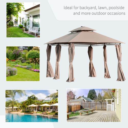 4 x 3m Outdoor Tent Garden Pavilion LED Solar Light Steel Frame, Khaki - Cheap Tent