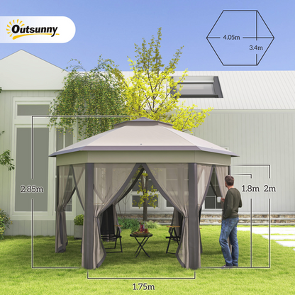 4.05m x 4.05m Metal Frame Mesh Draped 2-Tier Roof Gazebo Brown - Cheap Tent