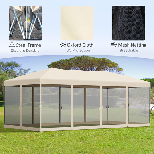 Outsunny 6 x 3m Pop Up Party Tent Canopy with 6 Removable Sidewalls Beige - Cheap Tent